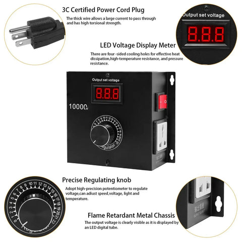 Heavy Duty AC Variable Speed Controller for Tools and Appliances, 120V to 240V Input, 22A Max, with LED display and metal chassis