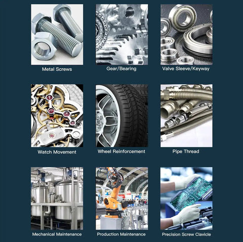 Collage of industrial uses for Red 271 Permanent Thread Locker, including metal screws, gears, pipes, and robotics maintenance.