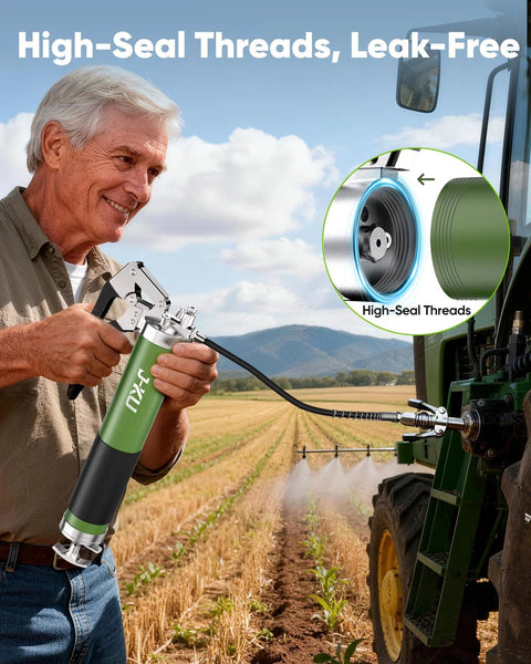J-KU Grease Gun, 14 oz manual pistol grip, green body with flexible hose and 6 nozzles for tractor and automotive use.