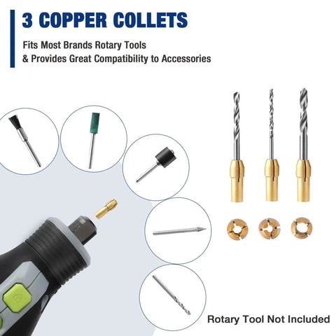 3 copper collets and accessory bits beside rotary tool handle, product label says All Purpose Rotary Tool Accessories Kit With 476 Pieces For Cutting Sanding Grinding Carving Polishing Drilling Engraving Includes Sanding Papers And Bands Flap Wheels Cut Off Wheels Diamond Wheel Brushes And More Pro Grade WORKPRO