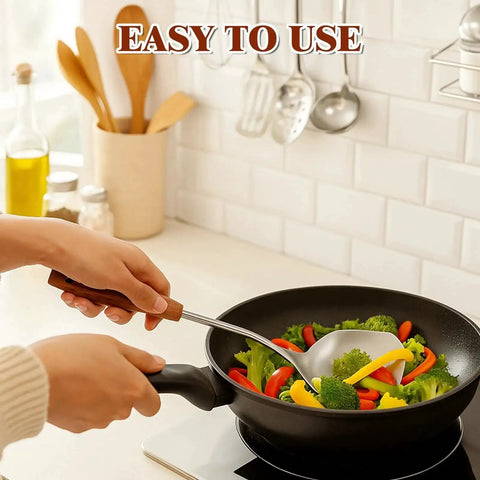 Person using Stainless Steel Wok Spatula With Wooden Handle, 14.17 Inch Long Wok Tool for Stirring vegetables in a wok
