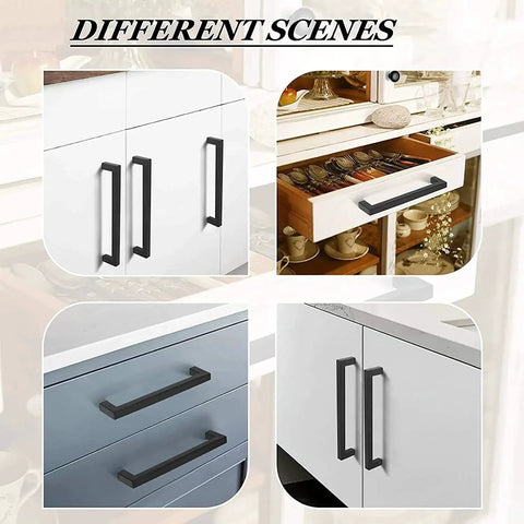 Matte Black Cabinet Handles Square Drawer Pulls in Various Settings, Showing 396 Mm Total Length and 12 Mm Width on Kitchen Cupboards
