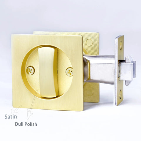 Front view of satin brass Two Pack Pocket Door Lock With Key For Sliding Barn Doors Recessed Two Sided Latch.