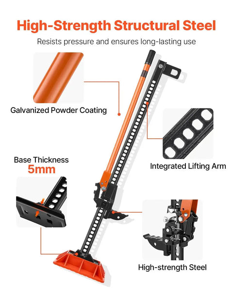 Ratcheting Off Road Farm Jack 7000 Lb Capacity 5.12 To 42.5 In Lift Range with powder coating, steel base, and lifting arm shown