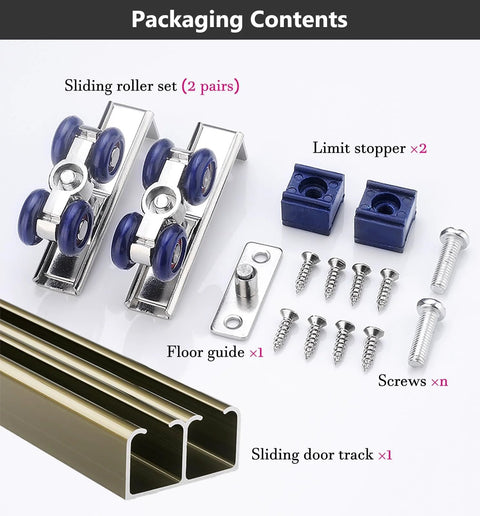 Double Track Barn Door Hardware Kit For Living Room Sliding Doors, Top Mount Rail Frame With 4 Wheel Set, Champagne Finish components