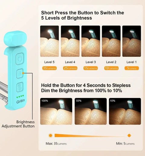 Rechargeable Clip On Reading Light With 3 Color Temps And 5 Brightness Levels showing brightness adjustment buttons.