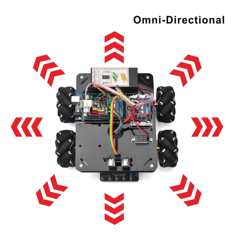 Top view of Omni Directional Mecanum Wheels Robotic Car Kit for Arduino Mega 2560 with red directional arrows and exposed wiring.