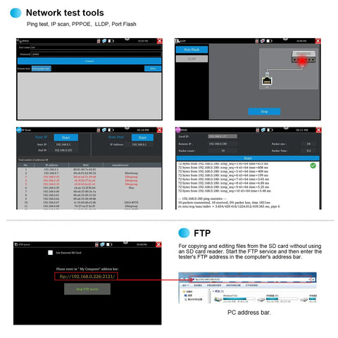 OTDR fiber tester with 5.55-in touchscreen; WANLUTECH 1310/1550nm, VFL/OPM/LS, event map, RJ45 tester UI screenshots.