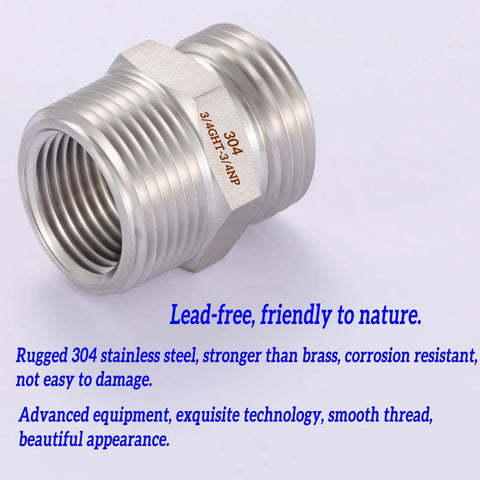 304 stainless steel garden hose adapter, 3/4 GHT male to 3/4 NPT male with 1/2 NPT female.
