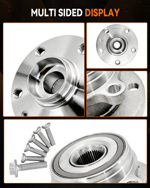 Multi-sided view of Two Piece Front Wheel Hub Bearing Assembly Compatible With Audi A3 Q3 TT Beetle Jetta CC EOS Golf GTI City Passat R32 Rabbit Tiguan 09 17 2018 Limited No Fuss Drop In For A Solid Smooth Ride On Volkswagen And Audi Models