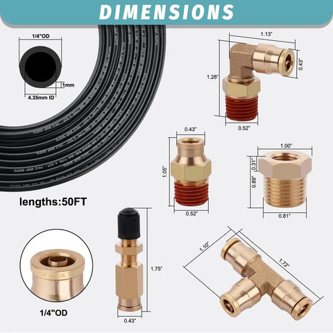 Heavy Duty 50 Feet Quarter Inch Air Hose With 11 Piece Push To Connect Fittings Kit Brass DOT SAE J844 PA12 Nylon dimensions chart