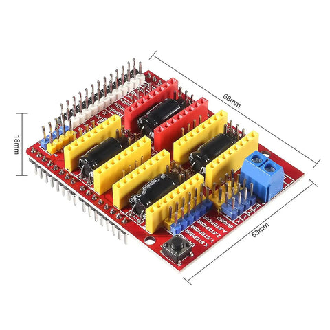 Hands On CNC Shield Expansion Board V3.0 with dimensions, showing pins and slots, compatible with RAMPS 1.4 for engravers and 3D printers.