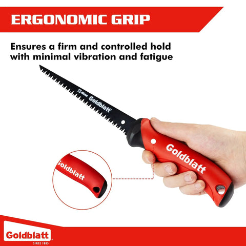 Six Inch Drywall Saw With Bi Metal Blade And Soft Grip Handle for fast cutting, shown in hand, highlighting ergonomic grip