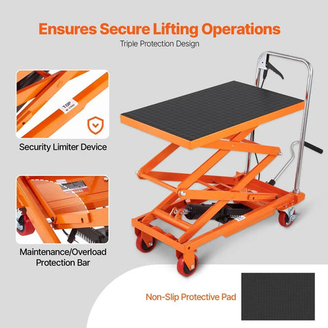 Manual Hydraulic Lift Table Cart 330lb Capacity 50in Lift With 4 Wheels featuring secure lifting operations design