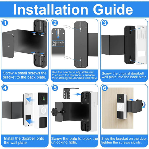 Anti Theft Doorbell Mount No Drill Universal Video Doorbell Bracket installation guide steps with adjustable mounting holder.