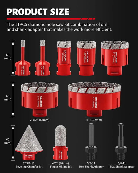 Diagram of Diamond Hole Saw Kit For Tile And Stone 11 Piece Vacuum Brazed Core Bit Set with sizes and adapters shown.