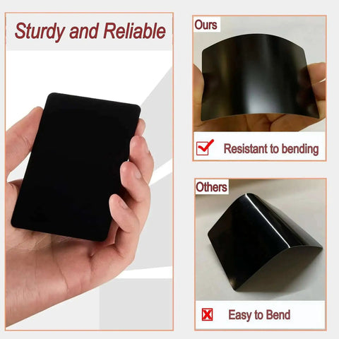Someone holding Fifty Pcs Matte Black Metal Business Card Blanks For Laser Engraving, demonstrating bending resistance.