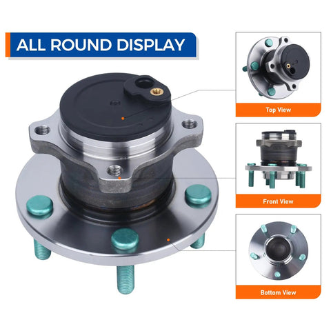 Rear Wheel Hub Bearing Assembly With ABS For Mazda 3 2004 To 2013 Mazda 3 Sport 2009 To 2013 And Mazda 5 2006 To 2017 5 Lug Hub 512347 Replacement Part OEM Grade, shown in all view angles including top, front, and bottom displays