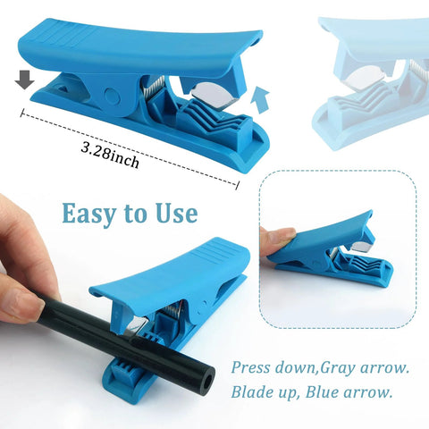 Blue plastic handheld vacuum hose cutter for automotive hoses trimming a black tube