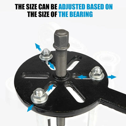Close-up of adjustable feature on 21 In 1 Bearing Puller Set For Quick Bearing Disassembly And Removal with bolts in black metal plate.