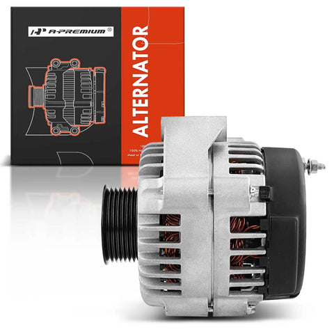 Side view of Heavy-Duty 105Amp 12V Alternator For 8.1L V8 Chevy GMC Kodiak C4500 C5500 C6500 C7500 Topkick 2001-2005 and packaging