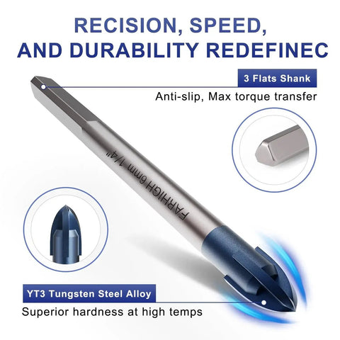 Glass And Tile Drill Bit Set 6mm One Quarter Inch Tungsten Carbide Tips Titanium Coated Body 10 Pack For Glass Tile Ceramic Porcelain Concrete Brick With Minimal Chipping, showing drill bit with blue tip and labeled features.