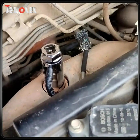 Oxygen Sensor Socket 22mm 7/8 Inch 3/8 Drive Offset O2 Sensor Removal Tool with side wire cutout installed in engine compartment.