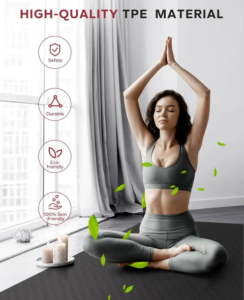 Woman practicing yoga on Extra Wide 72 By 36 Inch Yoga Mat With Non Slip Surface For Home Workouts, Yoga, Pilates And Stretching.