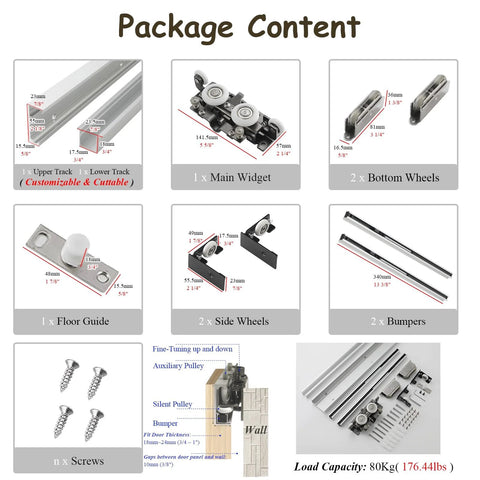 Package contents of Hidden Sliding Door Hardware Kit With Soft Close, Slick Modern Bypass Pocket Door System, Invisible Hanger