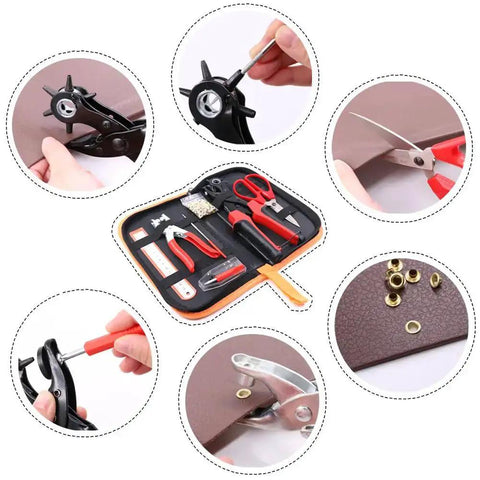 Heavy Duty Adjustable Hole Punch Pliers Kit With Revolving Leather Belt Hole Punch And Eyelet Setter shown with tools and accessories