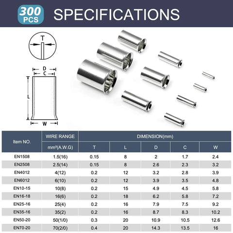 300 Piece Wire Ferrules Kit For 16 To 2/0 AWG Cables Non Insulated Pure Copper Crimp Connectors Tin Coated Terminals Specifications