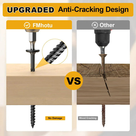 Comparison of Size 14 x 3 Inch Wood Structural Lag Screws, 54 Pack, Star Drive Decking Screws for Timber and Log Landscaping showing anti-cracking design.