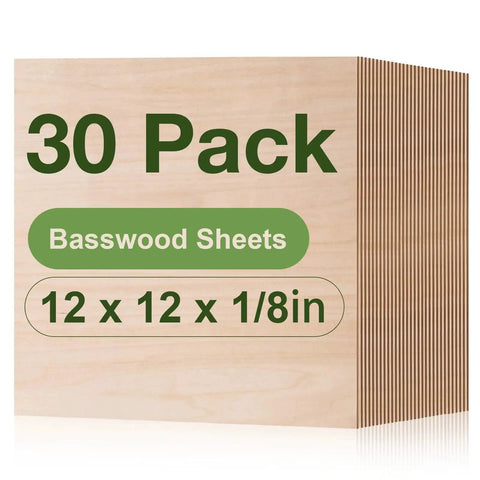 30 Pack Basswood Sheets One Eighth Inch Thick For Laser Cutting And Diy Crafts Unfinished Wood For Ornaments Engraving And Architectural Models In Sizes 12x12 12x16 And 12x18 Inches, front view showing text and dimensions.