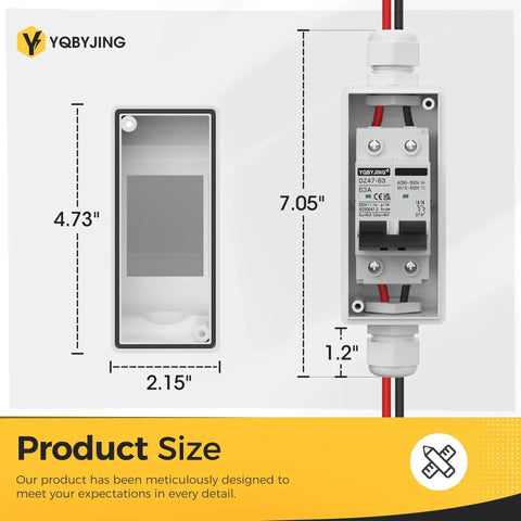 63 Amp Solar Panel Disconnect Switch And Two Pole Circuit Breaker For DC And AC Up To 500V With size dimensions shown