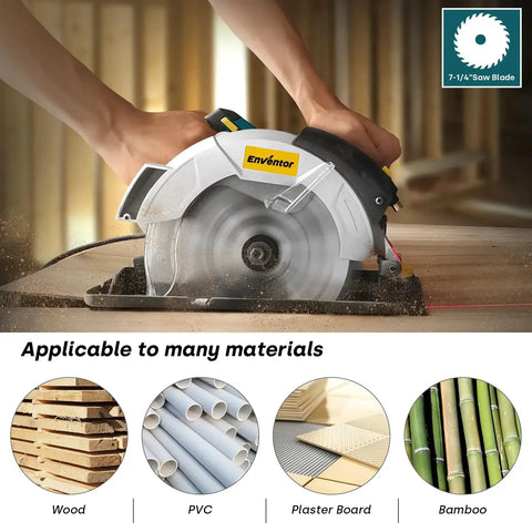 Powerful 7-1/4 Inch Circular Saw With A 10A Pure Copper Motor And Laser Guide Delivers 5800 RPM Includes Two Blades 40T And 24T Adjustable Cutting Angle From 0 To 90 Degrees One Handed Bevel Design Blue cutting wood on a workbench.
