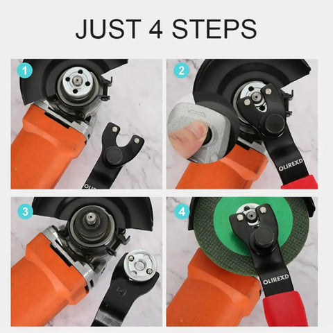 Universal Adjustable Pin Wrench For Angle Grinders With Lock Nut Grip Seven Point Five Inch Overall Length Fits From Three Eighths Inch To One And One Sixteenth Inch Hubs Rubber Dipped Handle For Comfort Replacement Tool For Angle Grinders Benches And in use demonstrating four-step process for changing grinder disc