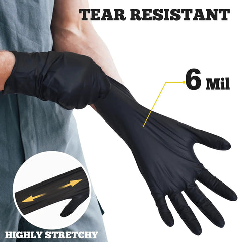 Person wearing Heavy Duty Black Nitrile Exam Gloves 6-Mil Large 100 Count Latex Free Food Safe showing tear resistance and stretchiness