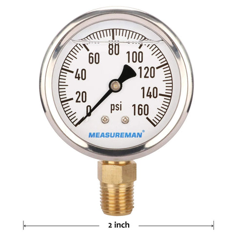 MeasureMan RV water pressure gauge, 0-160 psi, glycerin-filled, stainless steel case, 2-inch dial, 1/4-inch NPT lower mount