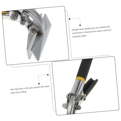 Close-up of metal seamer and edge seamer pliers for standing seam roofing, showing non-slip handle and durable steel jaws.