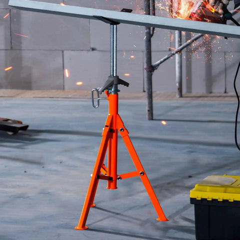 Heavy Duty Pipe Jack Stand 2500 Lbs Adjustable 27 to 52 Inches supporting a metal sheet in an industrial setting.