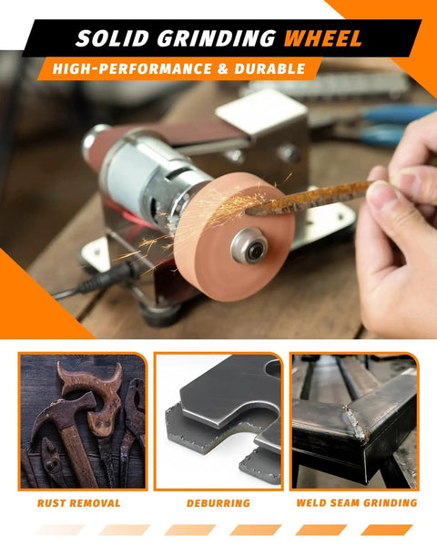 Solid grinding wheel in use for high-performance durable rust removal, deburring, and weld seam grinding in workshop.