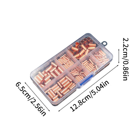 Premium Wire Ferrules Kit 250Pcs, 7 Size Non Insulated Copper Crimp Connectors in clear plastic case with dimensions shown.
