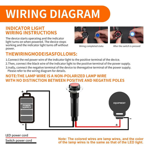 Wiring diagram for 8mm Metal Indicator Light Pack Of 5 110V 120V Red Pilot Lamps with black anodized aluminum housing IP67 waterproof.