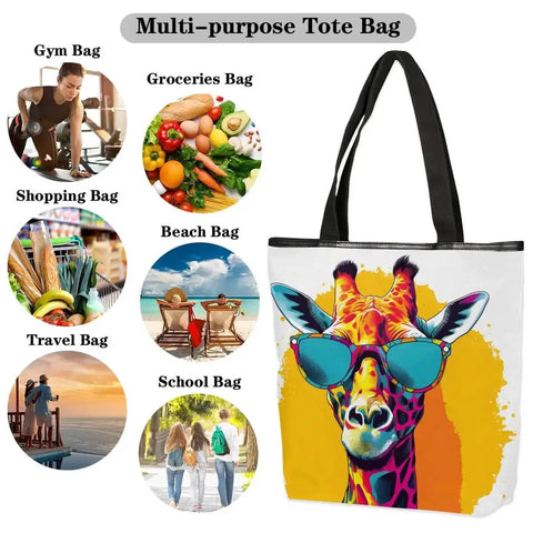 Durable Canvas Tote Bag For Women And Men With Zipper Closure, Reusable Grocery And Shopping Tote, Stylish Shoulder Handbag For Beach, Gym, Picnic Or Work, Eco Friendly Carryall With Giraffe Print Accent