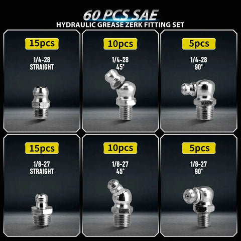 Beefy Pro Grade Heavy Duty 60 Piece Galvanized Steel Grease Fittings Set With SAE Quarter Inch And Eighth Inch Zerks Displayed