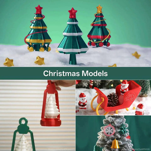 Christmas models made with Silk PLA 4KG Bundle for 3D Printing with 1.75mm Filament, featuring trees and decorations.