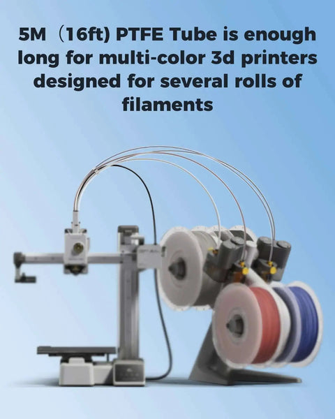 Image of PTFE Filament Tube 2.5mm ID 4mm OD 5m with multiple filament spools on 3D printer setup, ultra smooth glide, no drag.