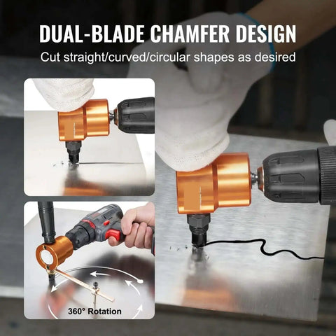 Double Head Sheet Metal Nibbler Cutter Drill Attachment for 360 Degree Metal Cutting shown in use on sheet metal with drill