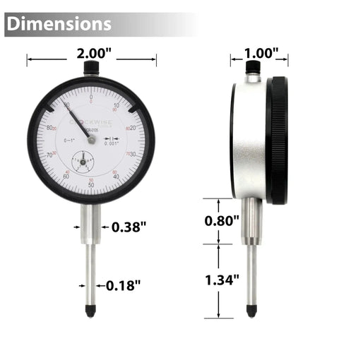 Accurate Dial Indicator With Magnetic Base Stand 0 To 1 Inch Range And 0.001 Inch Resolution DIMR-0105, front and side views with dimensions.