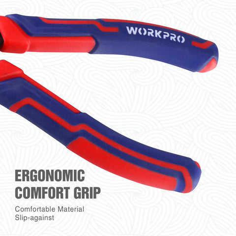Close-up of 8 Inch Screw Extractor Pliers For Damaged Rusted Stripped Screws And Fasteners With Non Slip Jaws Lineman Style Remover Tool For Quick Extraction In Home Shop And Garage By WORKPRO showing ergonomic comfort grip handles.